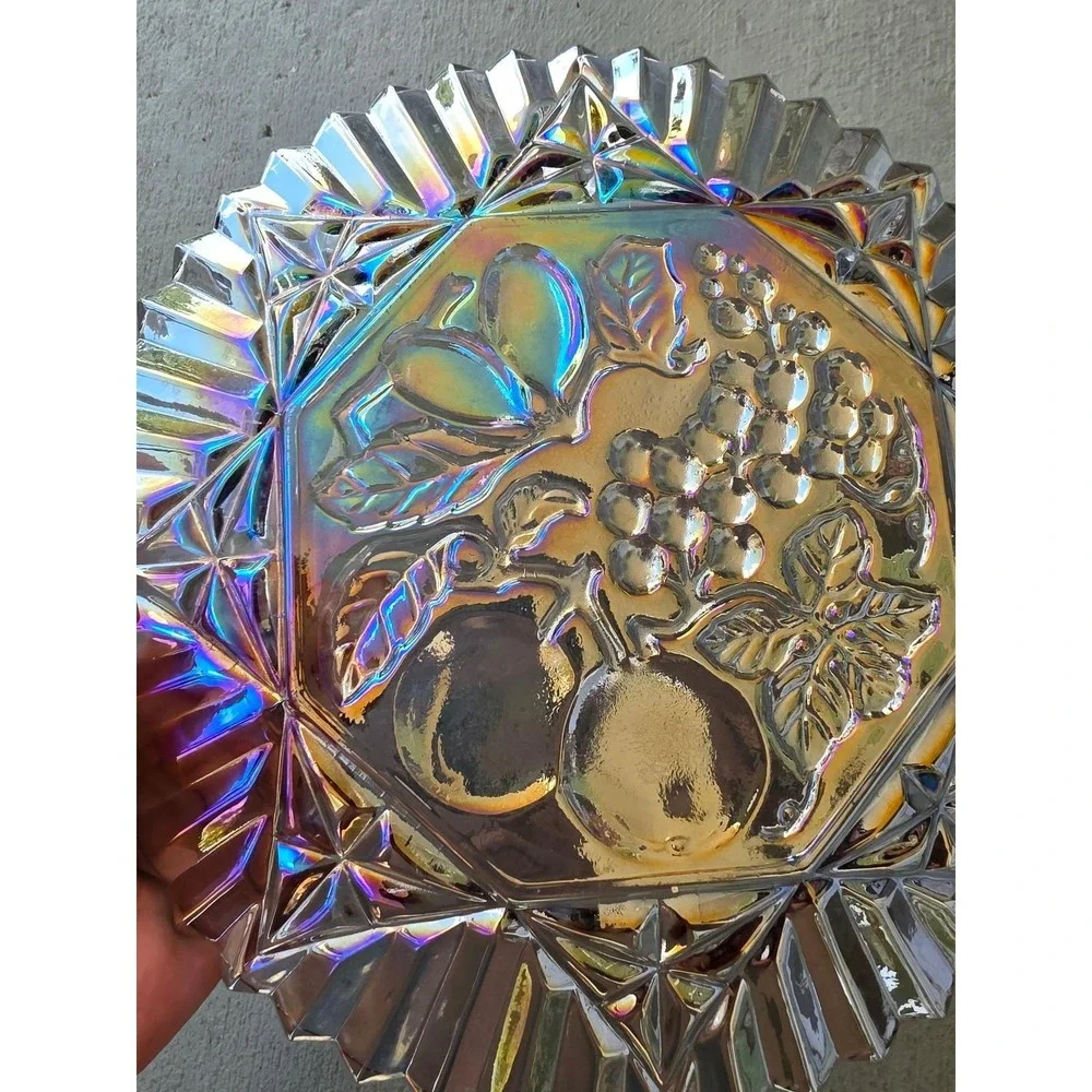 Vintage Carnival Glass Bowl Iridescent Fruit Harvest Grapes Pears 10.5 Inch‎ E3